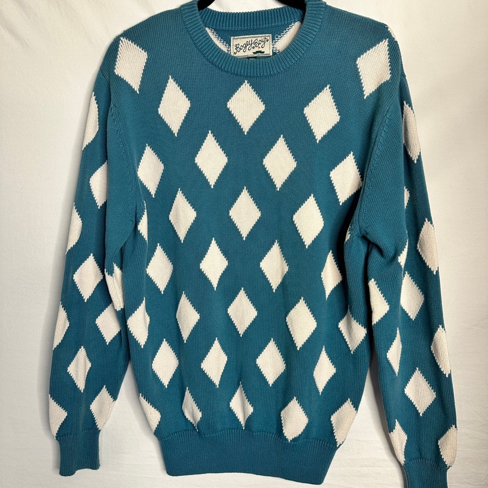 Bogey Boys Diamond GOLF Sweater Mens Medium Teal White Argyle Macklemore MED